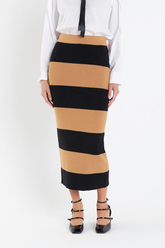 Camel/Black Striped Knit Midi Skirt