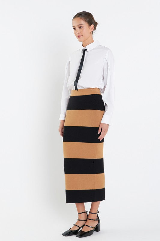 Camel/Black Striped Knit Midi Skirt