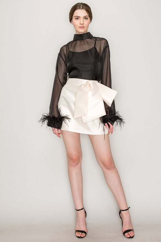 High Neck Sheer Feather Trimmed Blouse