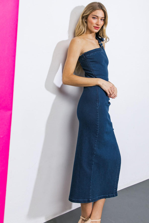 One Shoulder Cutout Denim Dress