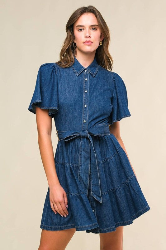 Button-Up Tiered Denim Dress