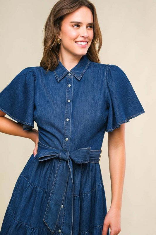 Button-Up Tiered Denim Dress