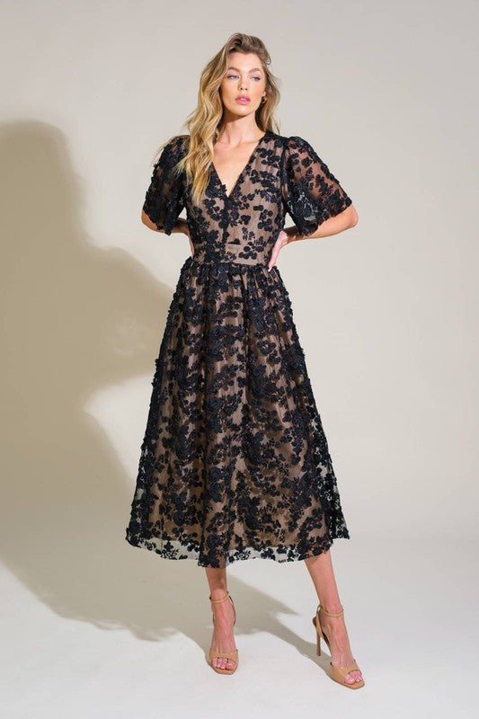 V-Neckline Lace Midi Dress