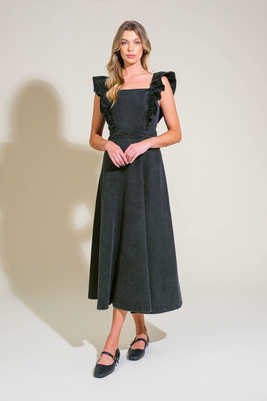 Washed Black Denim Midi Dress