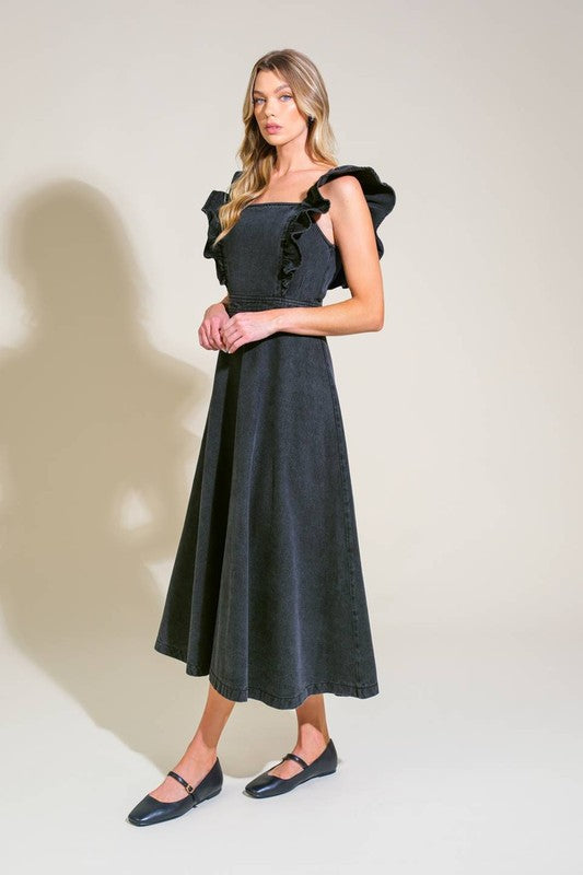 Washed Black Denim Midi Dress