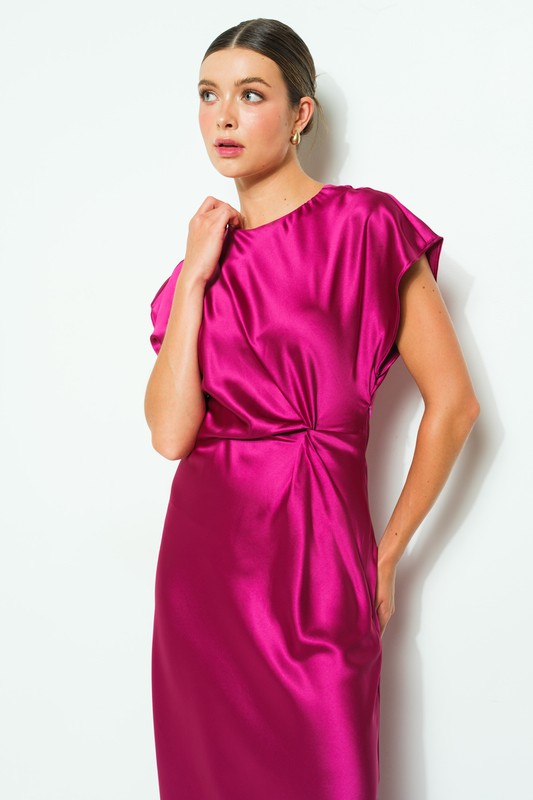 Ruched Waist Satin Midi Dress