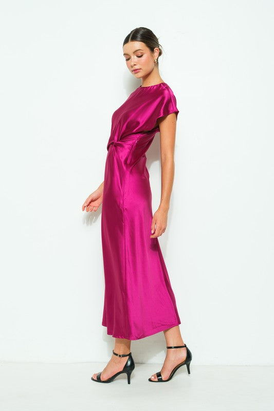 Ruched Waist Satin Midi Dress