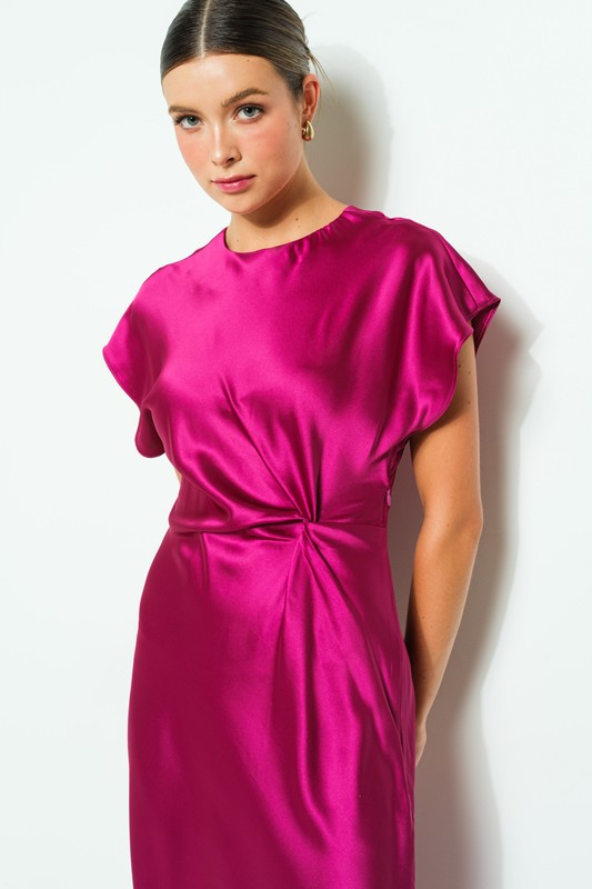 Ruched Waist Satin Midi Dress