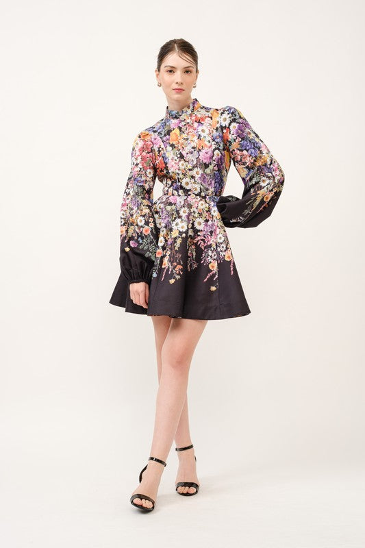 Long Puff Sleeve Floral Print Mini Dress