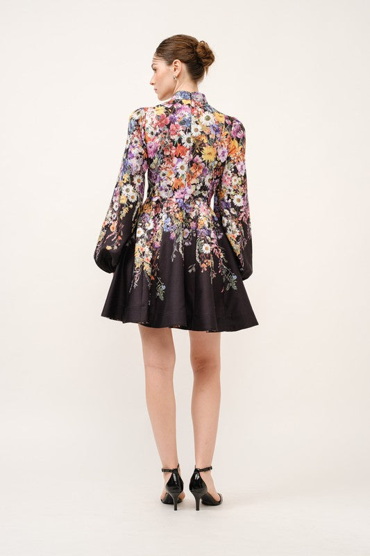 Long Puff Sleeve Floral Print Mini Dress