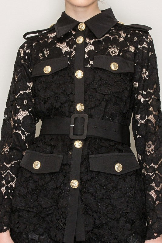 Floral Lace Front Flap Pockets Jacket