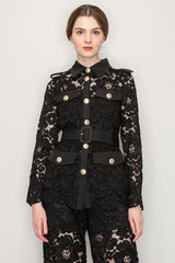 Floral Lace Front Flap Pockets Jacket