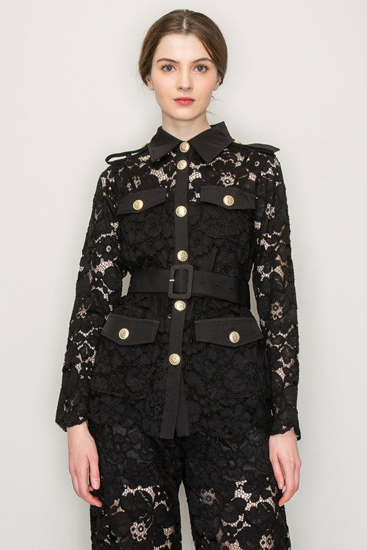 Floral Lace Front Flap Pockets Jacket