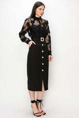 Rhinestone Belt Midi Skirt (Black, White)