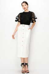 Rhinestone Belt Midi Skirt (Black, White)