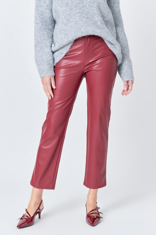 High Waisted Faux Leather Burgundy Pant