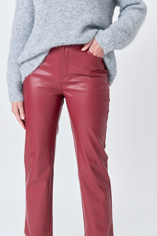 High Waisted Faux Leather Burgundy Pant