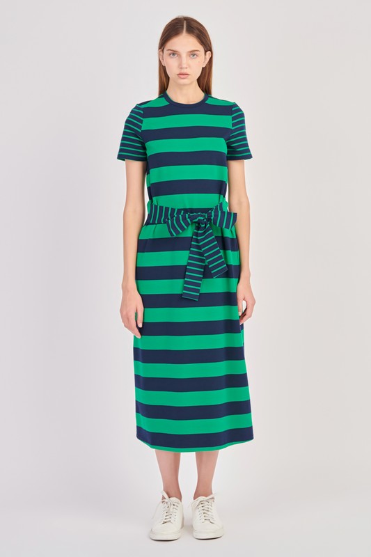 Contrast Stripe Knit Midi Dress (Navy, Black)