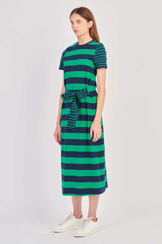 Contrast Stripe Knit Midi Dress (Navy, Black)