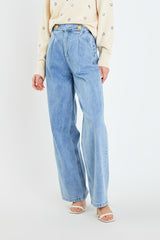 Gold Buttons High Waisted Denim Pants (Denim, Off White)