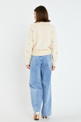 Gold Buttons High Waisted Denim Pants (Denim, Off White)