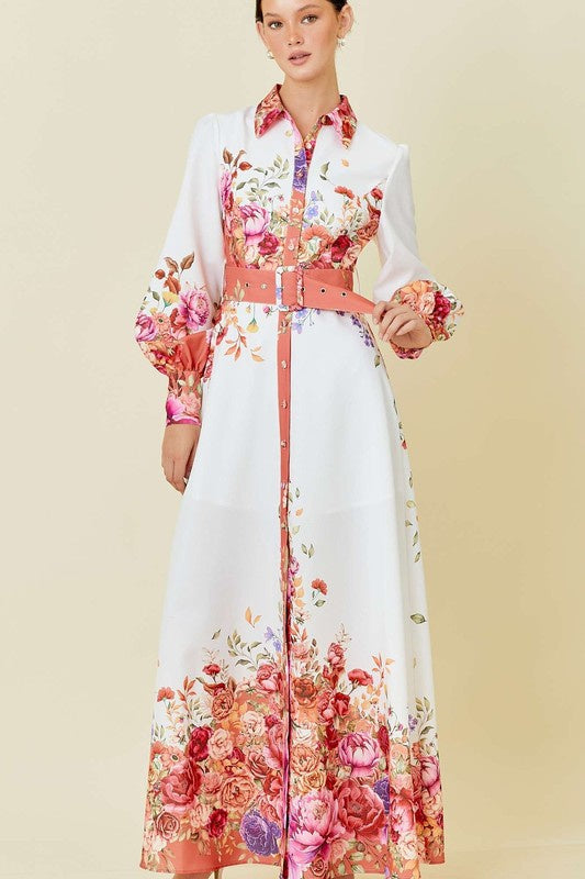 Collar Maxi Dress With Floral Border Print