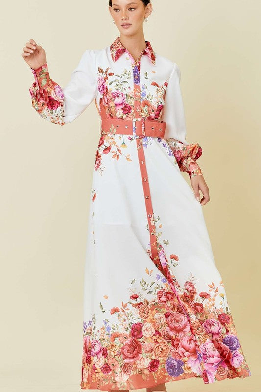 Collar Maxi Dress With Floral Border Print