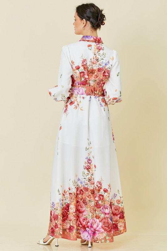 Collar Maxi Dress With Floral Border Print