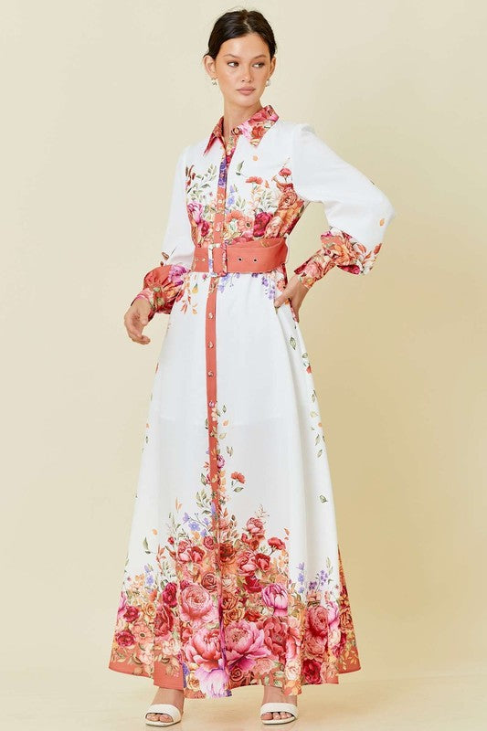 Collar Maxi Dress With Floral Border Print