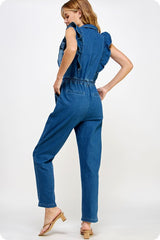 Ruffled Zip Up Denim Jumpsuit