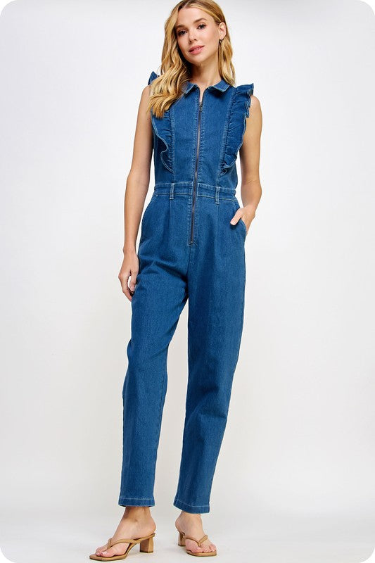 Ruffled Zip Up Denim Jumpsuit