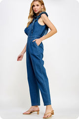 Ruffled Zip Up Denim Jumpsuit