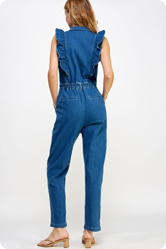 Ruffled Zip Up Denim Jumpsuit