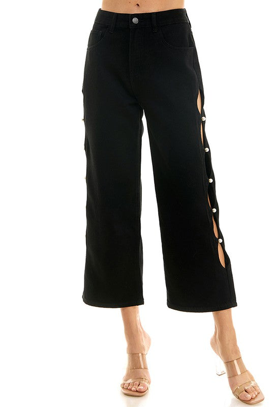 Cutout Cropped Wide Leg Denim Pant (Denim, Black)