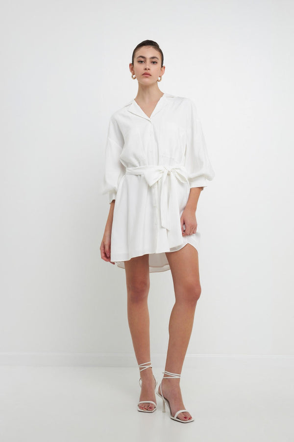 Blouson Sleeve Belted Shirt Dress