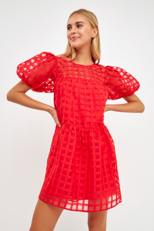 Gridded Puff Sleeve Dress