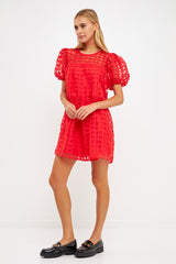 Gridded Puff Sleeve Dress