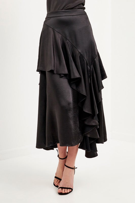 Satin Waterfall Midi Skirt