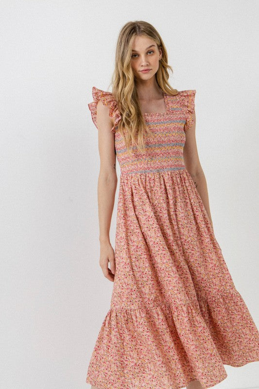 Floral Smocked Detail Midi Dress